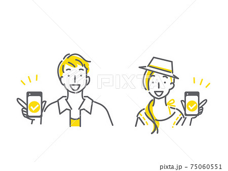 スマホ画面を見せる笑顔の男女のシンプルな線画イラスト 75060551
