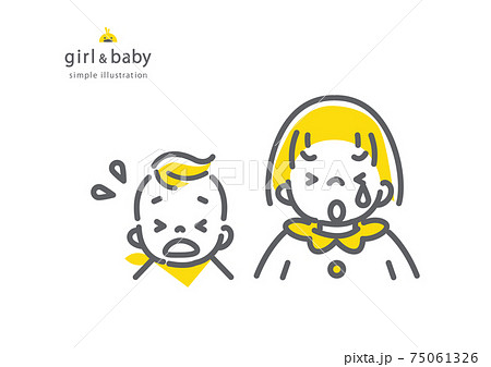赤ちゃんと女の子のシンプルでかわいい線画イラスト 泣くのイラスト素材