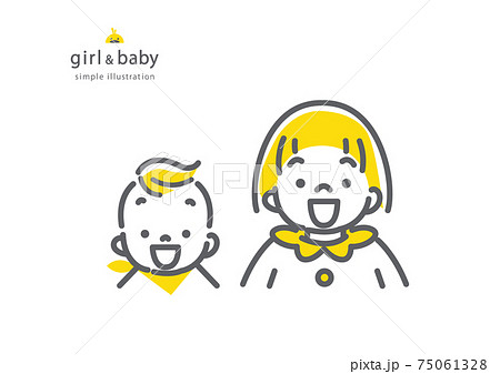 赤ちゃんと女の子のシンプルでかわいい線画イラスト 笑顔のイラスト素材