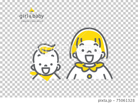 赤ちゃんと女の子のシンプルでかわいい線画イラスト 笑顔のイラスト素材