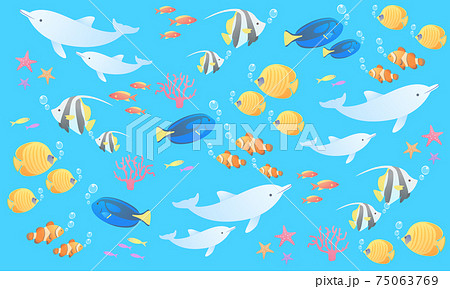 夏のイルカや熱帯魚のマリンなシームレス壁紙のベクターイラストのイラスト素材