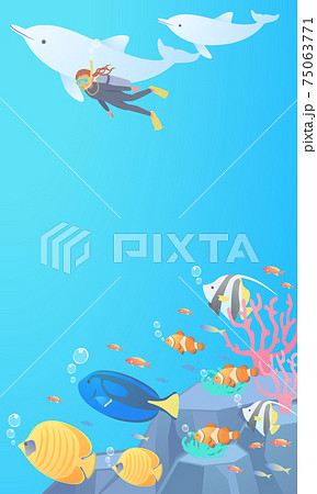 海でスキューバダイビンクをして熱帯魚に見守られながらイルカと一緒に泳いでいる女性のベクターイラスト背のイラスト素材