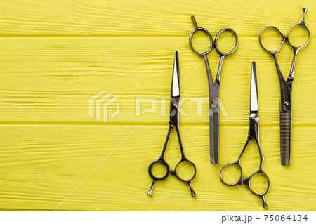 Flat lay with silver hairdresser scissors. 75064134