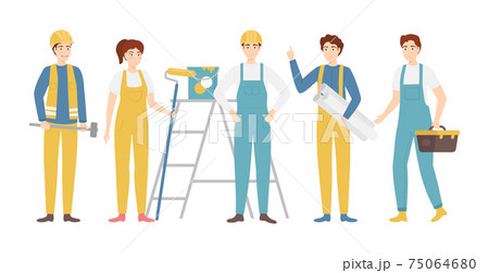 Cartoon Color Characters People Builders Group Concept. Vector 75064680