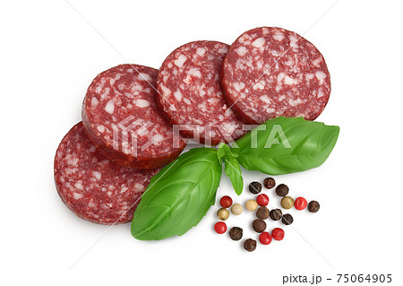 Smoked sausage salami slices isolated on white background with clipping path and full depth of field. Top view. Flat lay 75064905