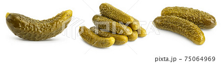 Marinated pickled cucumber isolated on white background with full depth of field. Set or collection Marinated pickled cucumber isolated on white background with full depth of field. Set or collection 75064969