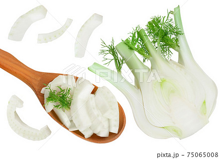 fresh fennel bulb slices in wooden spoon isolated on white background. Top view. Flat lay 75065008