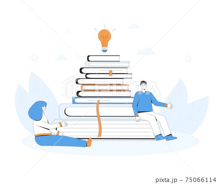 Book club. Library. Knowledge, education, learning concept. People sitting near huge stack of books talking to each other. Students or reading lovers. Vector color line art illustration. Book club. Library. Knowledge, education, learning concept. People sitting near huge stack of books talking to each other. Students or reading lovers. Vector color line art illustration. 75066114