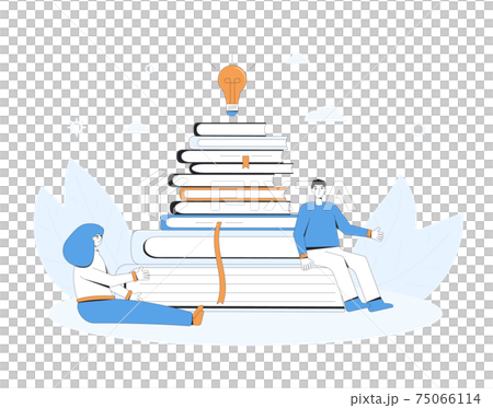 Book club. Library. Knowledge, education, learning concept. People sitting near huge stack of books talking to each other. Students or reading lovers. Vector color line art illustration. Book club. Library. Knowledge, education, learning concept. People sitting near huge stack of books talking to each other. Students or reading lovers. Vector color line art illustration. 75066114