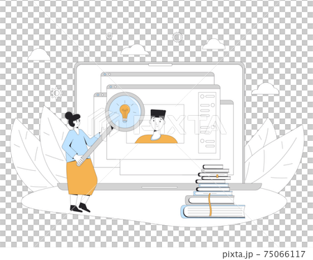 Tutor. Online personal education. Digital learning. Female teacher and teenager student in virtual classroom have a lesson. Video course. Vector line art illustration. 75066117