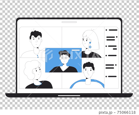 Online education. Digital learning. People talking to each other on computer screen. Teacher and students. Internet webinar or online video training. Vector line art illustration. 75066118