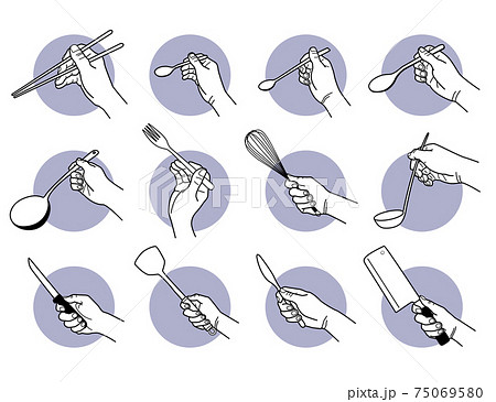 Hand holding kitchen utensils and cooking tools.  75069580
