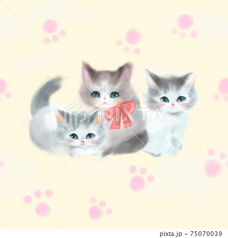 ピンク色の肉球と三匹のかわいい子猫のシームレスパターンイラストのイラスト素材
