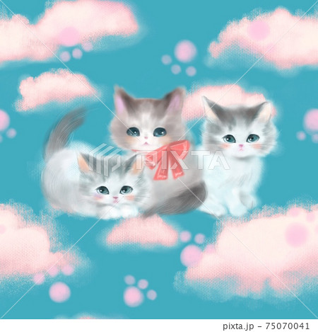 青い空とふわふわの雲とピンク色の肉球と三匹のかわいい子猫のシームレスパターンイラストのイラスト素材