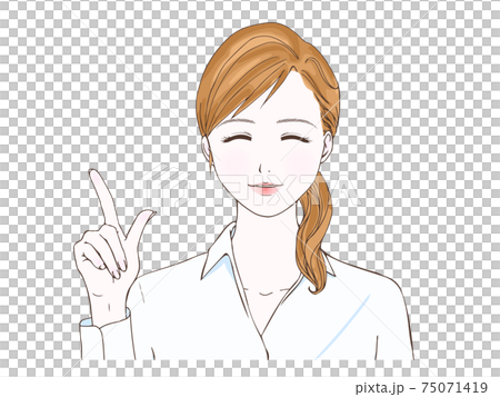 一件白襯衫的指向和微笑的一名婦女 一件白襯衫的指向和微笑的一名婦女 75071419