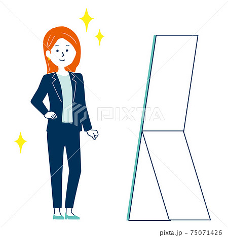 鏡の前に立って服装をチェックする女性のイラストのイラスト素材