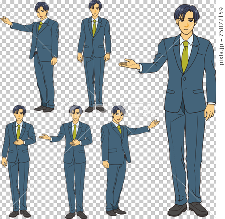 穿西裝的年輕男性上班族舉起一隻手引導和護送。具有逼真的風格的全身照。 75072159