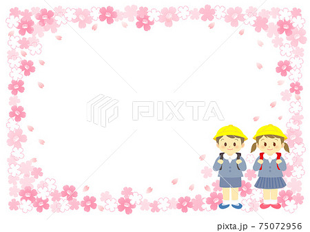 イラスト素材 桜 新入学や卒業のランドセルを背負う小学生男児と女児 飾り枠 白のイラスト素材