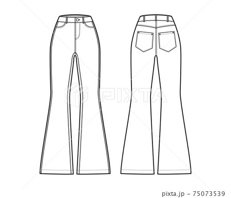 Jeans flared bottom Denim pants technical fashion illustration with full length, normal waist, high rise, 5 pockets 75073539