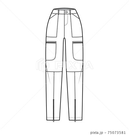 Set of Parachute pants technical fashion illustration with normal waist, high rise, pockets, belt loops, full lengths. 75073581