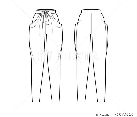 Harem pants technical fashion illustration with bow, normal waist, high rise, slash pockets, draping front, full lengths Harem pants technical fashion illustration with bow, normal waist, high rise, slash pockets, draping front, full lengths 75073610