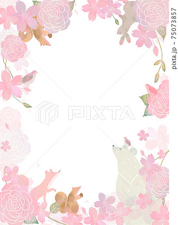 桜の花と薔薇の花と蕾と花びらの北欧風森の動物たちのかわいいフレームイラストベクター素材 75073857