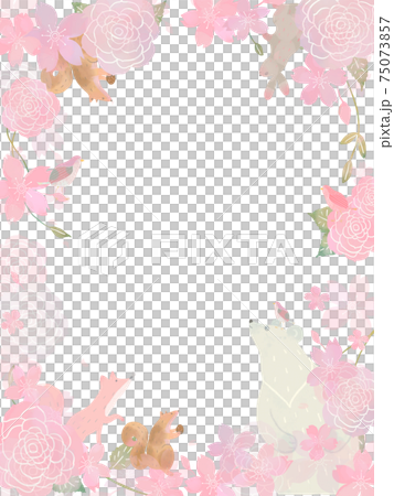 桜の花と薔薇の花と蕾と花びらの北欧風森の動物たちのかわいいフレームイラストベクター素材 75073857