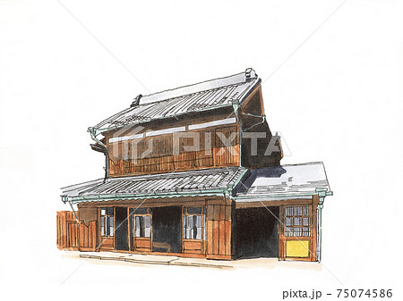 昭和初期の木造二階建ての店舗のイラストのイラスト素材