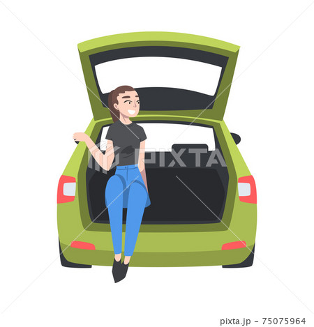 Beaming Woman Sitting in Car Trunk Taking...のイラスト素材