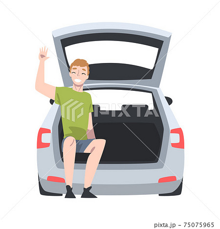 Beaming Man Sitting in Car Trunk and Waving...のイラスト素材