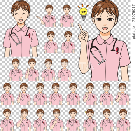 有各種各樣的表情的一位女性護士。 26種面孔。 75076017
