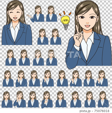 一套衣服的一名女性辦公室工作者與各種各樣的表情。 26種面孔。 75076018