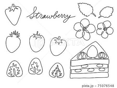 一筆書き いちご 白黒 モノクロ イチゴの花 苺のショートケーキのイラスト素材