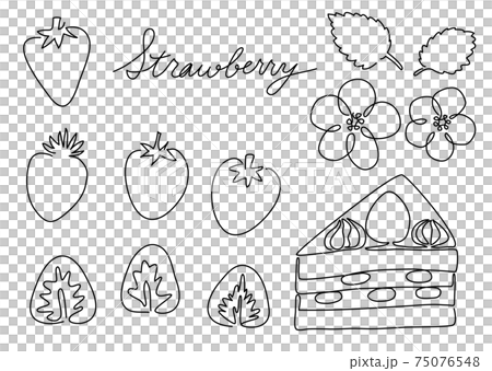 一筆書き いちご 白黒 モノクロ イチゴの花 苺のショートケーキのイラスト素材