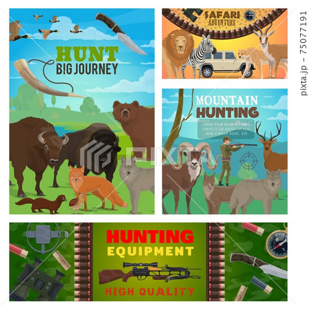 Hunting sport animals, hunter equipment and safari Hunting sport animals, hunter equipment and safari 75077191