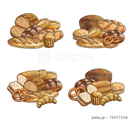 Fresh bread and pastry vector sketch icons set 75077236
