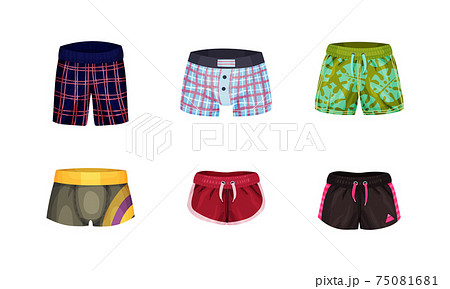 Loose-fitting and Tight Male Brief Shorts and Swimming Trunks Vector Set. Colorful Swimwear or Bathing Suit Made of Nylon Front View Concept 75081681
