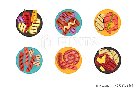 Grilled Food with Meat, Sausages and Vegetables Rested on Plate Top View Vector Set Grilled Food with Meat, Sausages and Vegetables Rested on Plate Top View Vector Set 75081864