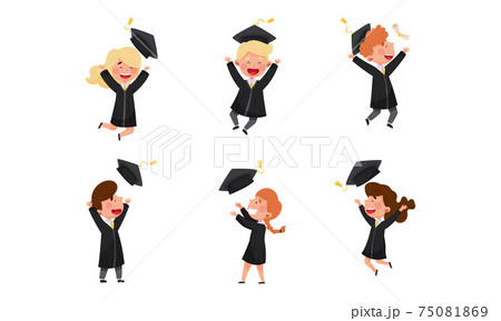 Girl and Boy Characters Wearing Academic Dresses or Gown and Square Academic Cap Cheering About Graduation Ceremony Vector Illustrations Set 75081869