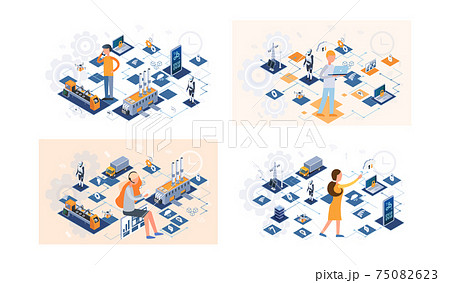 Industry automation production line, internet of things concepts, set of four technology scenes 75082623