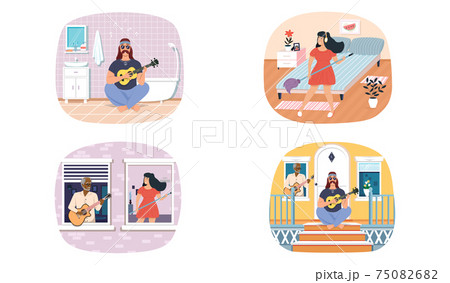 Set of illustrations about guitarists performing songs and playing stringed musical instrument 75082682