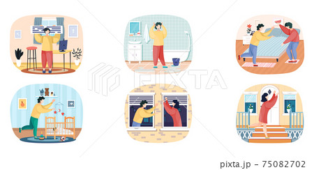 Scenes set of daily leisure and work activities performing by people. Bundle of everyday routine 75082702