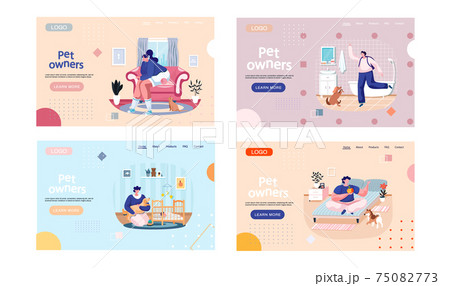 Pet owners landing page template set. Happy people, family with cat and dog at home. Animal care Pet owners landing page template set. Happy people, family with cat and dog at home. Animal care 75082773