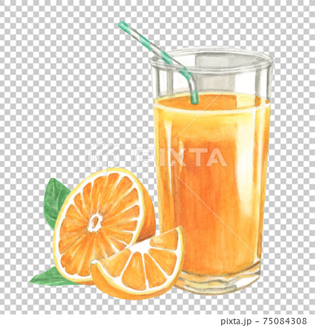 オレンジジュース オレンジ付き 手描き水彩画 のイラスト素材