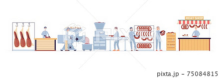 Stages production of natural meat production in manufacturing food factory. Stages production of natural meat production in manufacturing food factory. 75084815