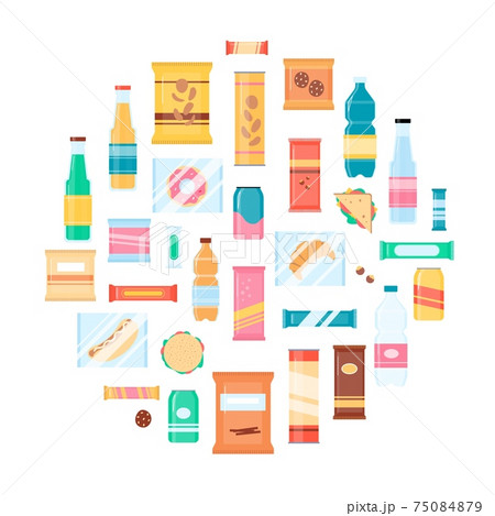 Snack food circle poster - vector illustration of cartoon junk food 75084879