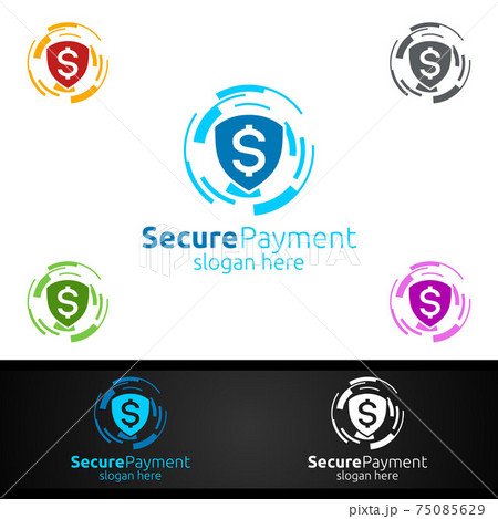 Shield Online Secure Payment Logo for Security Online Shopping. Financial Transaction. Sending Money. Mobile Banking Service Logotype 75085629