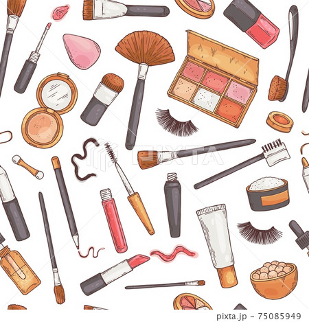 Fashion glamour makeup a vector hand drawn seamless pattern. Fashion glamour makeup a vector hand drawn seamless pattern. 75085949