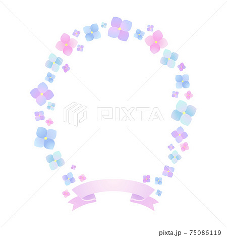 淡いパステルの水彩風な紫陽花のベクターイラストフレーム リボン 楕円 丸 のイラスト素材