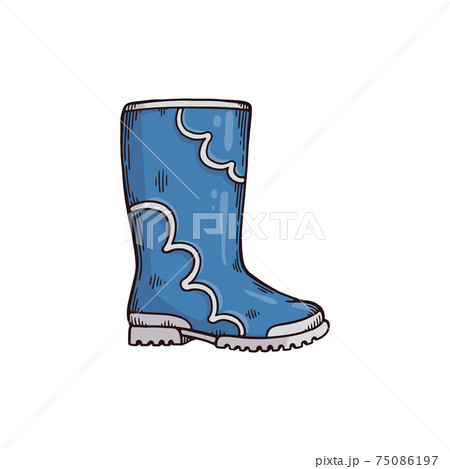 Gumboot or welly boot for rain, cartoon hand drawn vector illustration isolated. 75086197